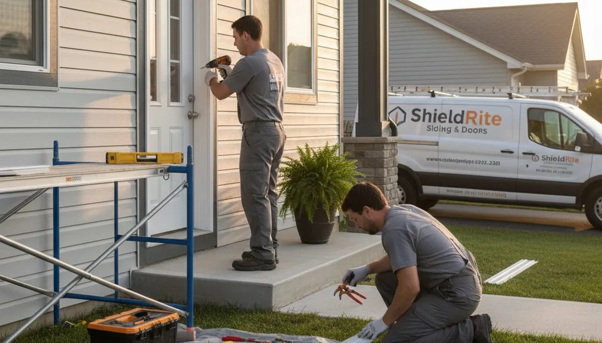 Technician repairing vinyl door frame and siding in Memphis, TN for Next Level Exteriors