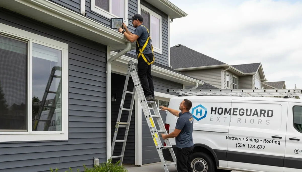 Technician performing gutter inspection on vinyl siding home in Memphis, TN