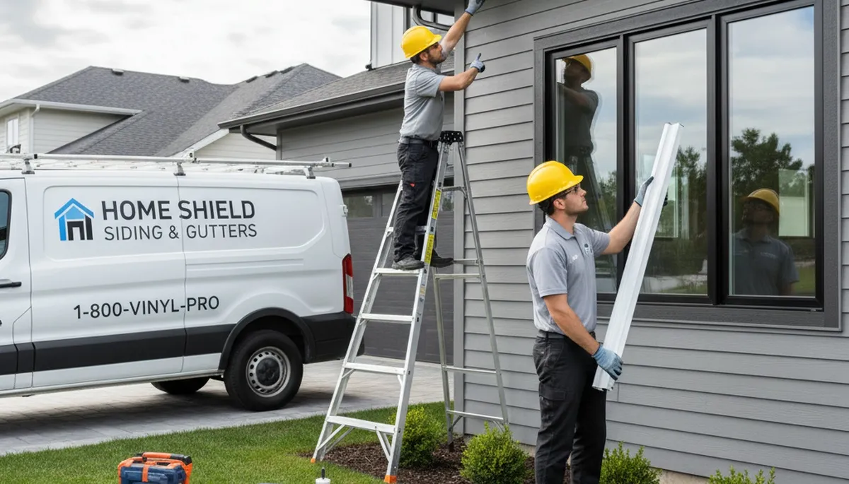 Technician performing gutter repair on home with vinyl siding in Memphis, TN
