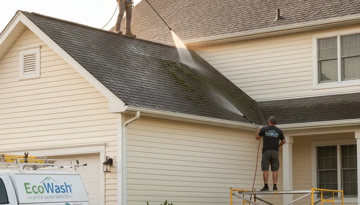 Professional roof cleaning service removing algae and debris in Memphis, TN by vinylsidingmemphis.com